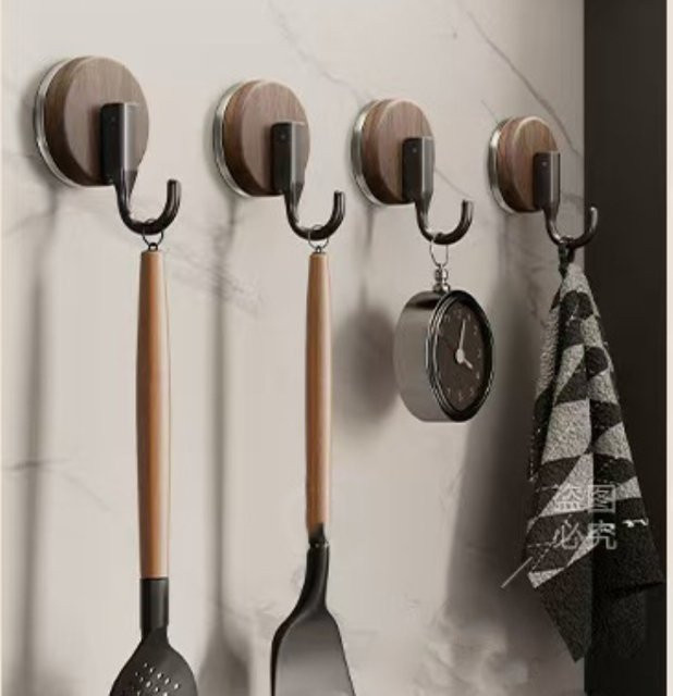 Saugnapf-Haken in Holzmaserung für Küche und Badezimmer, Kleiderhaken und Schlüsselhalter ohne Bohren, Farben: Weiß und Braun - Bild 1