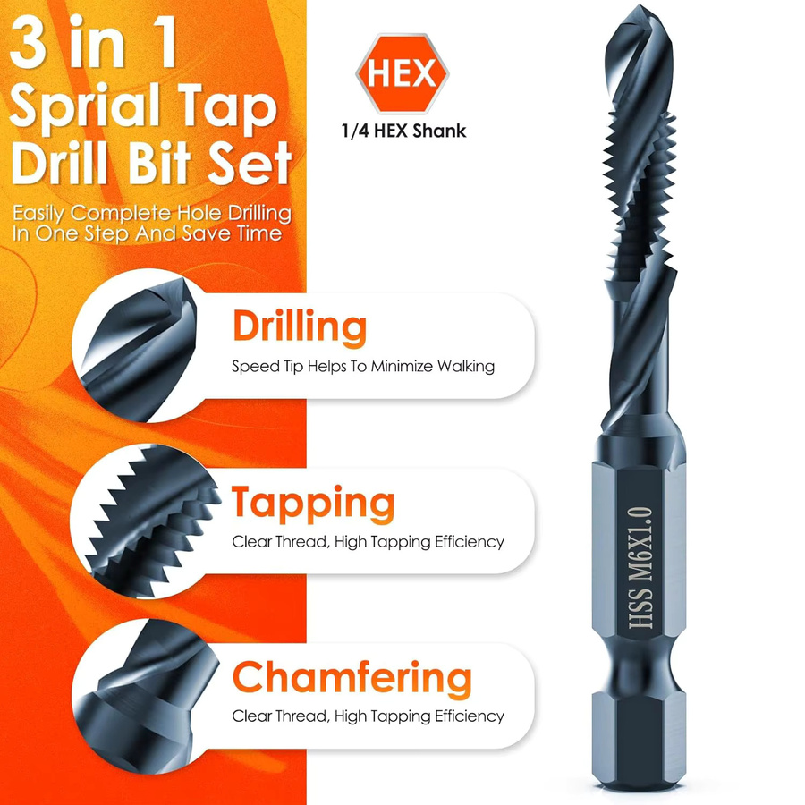 6-teiliges metrisches Bohrer- und Gewindebohrer-Set M3-M10 mit 1/4 Zoll Sechskantschaft für Metall und Heimwerker-Anwendungen - Bild 3