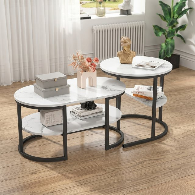 Superaly Couchtisch-Set mit 2 Tischen in Marmor-Optik, moderner 2-in-1 Sofatisch mit Stauraum, rund und oval, Schwarz und Weiß - Bild 1