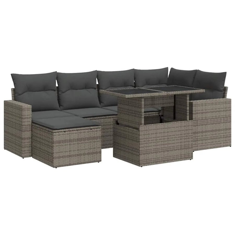 vidaXL 7-tlg Garten-Sofagarnitur in L-Form aus grauem Poly-Rattan mit Kissen und pulverbeschichtetem Stahlgestell - Bild 2