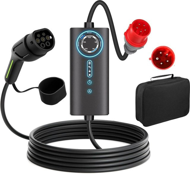 Junsun Typ 2 EV-Ladegerät 11kW mit 6m Kabel, 3-phasig, Schwarz, flexible Stromanpassung 6-16A inklusive Tasche - Bild 1