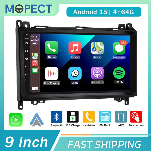 MOPECT Doppel-DIN Autoradio für Mercedes Benz mit 4+64G Speicher, kabelloses CarPlay, Android Auto, GPS, WLAN, DAB+ und Rückfahrkamera, Schwarz - Bild 1