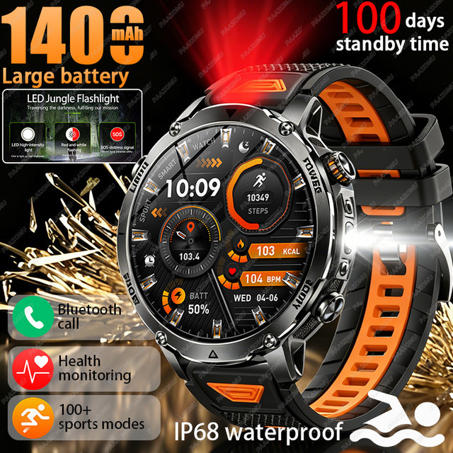 Paazomu Sport-Smartwatch für Herren mit Bluetooth-Anruffunktion und LED-Taschenlampe, Schwarz, 1400mAh Akku - Bild 1