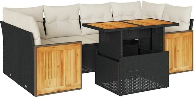 vidaXL 7-tlg Garten-Sofagarnitur in L-Form aus Polyrattan und Akazienholz mit Kissen in Schwarz-Creme - Bild 1