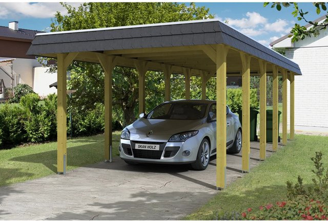 Skan Holz Carport Spreewald mit Walmdach aus Nadelholz und Aluminium-Dachplatten, Breite: 345 cm, Tiefe: 893 cm, Höhe: 241 cm, Schwarz - Bild 1