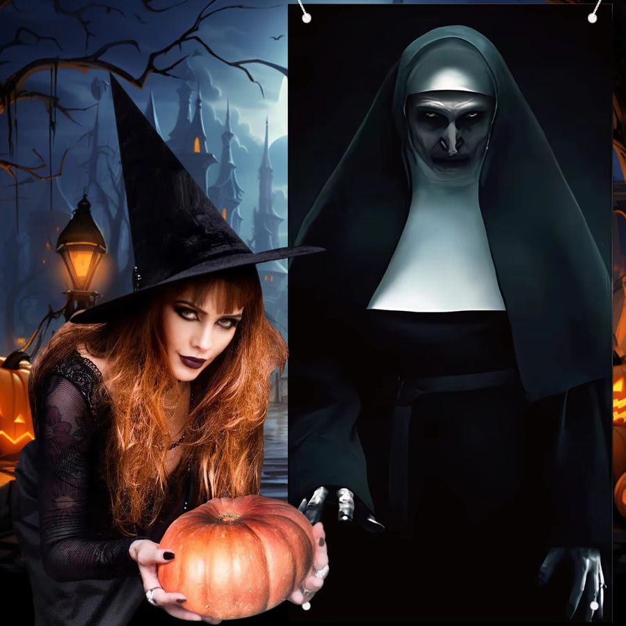 VIKAMA Halloween Türbanner Nonne und Geist als hängender Hintergrund in Schwarz - Bild 3