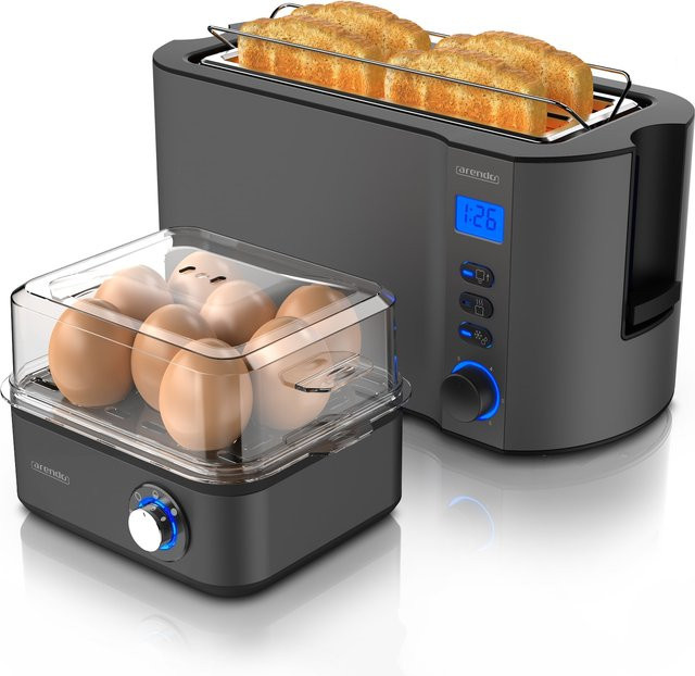 Arendo Frühstücks-Set mit 8er Eierkocher und Langschlitz Toaster für 4 Scheiben, Grau - Bild 1
