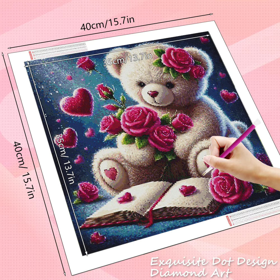 HUACAN Diamantmalerei Bär mit Rosen und Blumen als Mosaik-Kunstset in Mehrfarben, runde Wanddekoration - Bild 2