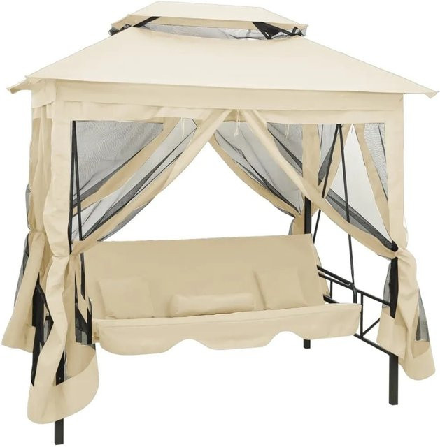 Furnicato Pavillon Umwandelbare Schaukelbank mit Sonnenbaldachin und Kissen in Cremeweiß, B/T/H: 240 x 160 x 240 cm - Bild 1