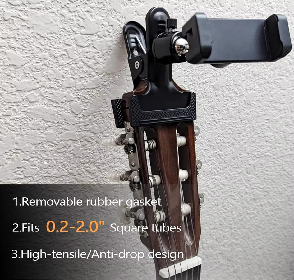 Verstellbare 360 Grad Gitarren-Handyhalterung in Schwarz für Ukulele, Bass und Live-Übertragungen - Bild 2