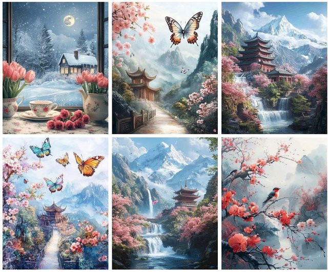 PhotoCustom 5D Diamantmalerei Set mit Kirschblüten-Landschaft und Blumen-Mosaik, B/H: 30 x 20 cm, Mehrfarbig - Bild 1