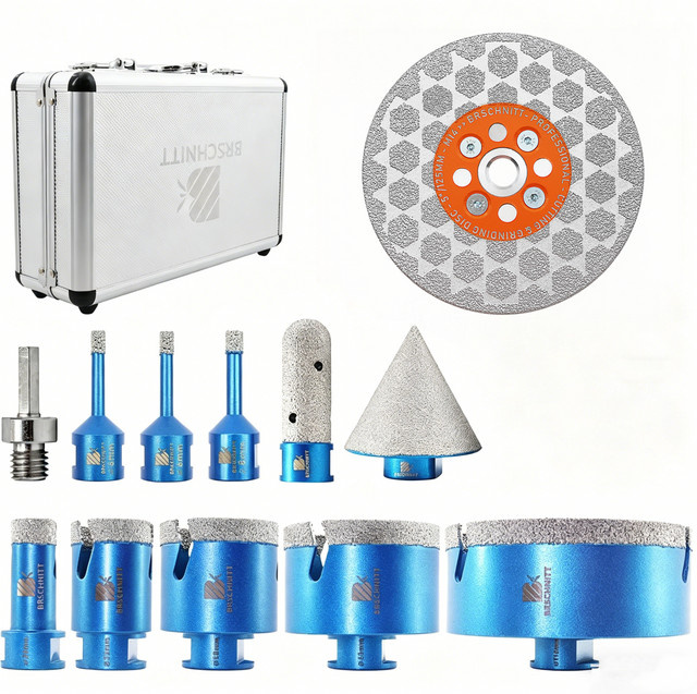 BRSCHNITT Diamantbohrer-Set 12-teilig mit Schneidscheiben, Fräseradapter und Lochsägen für Fliesen, Granit, Marmor und Stein - Bild 1