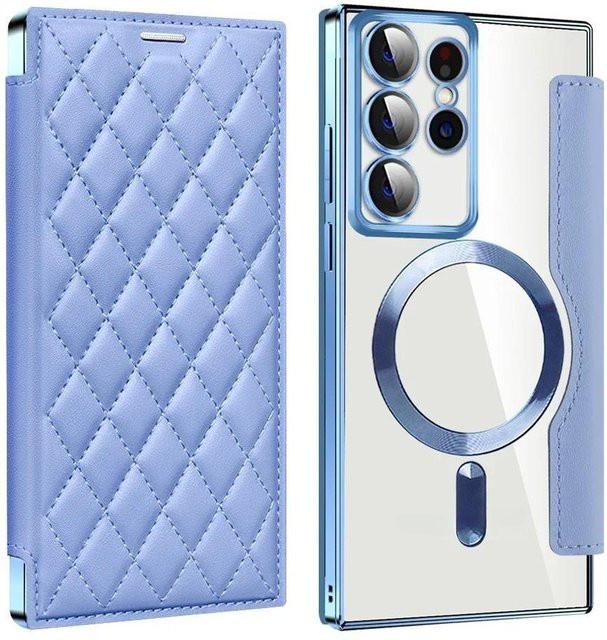 Magnetische Lederhülle mit Kartenhalter für Samsung Galaxy S24 Ultra S23 Plus S23FE S22 5G, stoßfeste Klapphülle mit kabellosem Laden, Farben: Braun und Blau - Bild 1