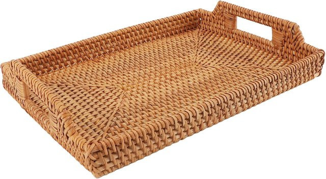 TOMTOP JMS Serviertablett aus Rattan in Braun mit Griffen, rechteckiges Korbgeflecht-Tablett - Bild 1
