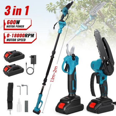 DWiusty 3-in-1 Elektrische Kettensäge mit Teleskopstange als Astschere und Hochastsäge für Makita LXT Akkus, Blau, 600W