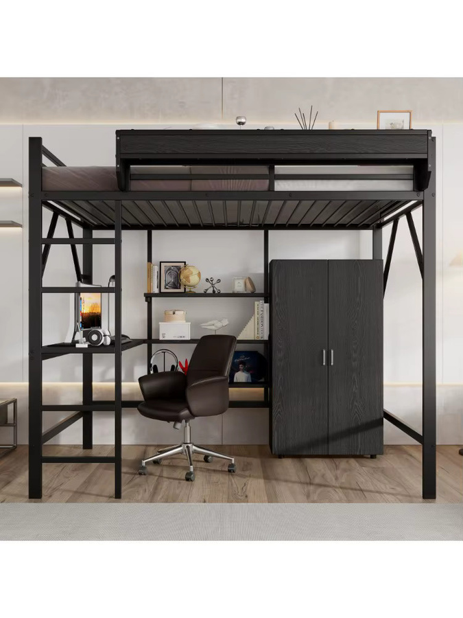 PINGGO Eisen-Hochbett mit Schreibtisch und Kleiderschrank in Schwarz, B/T/H: 140 x 200 cm, aus Eisen und MDF - Bild 4