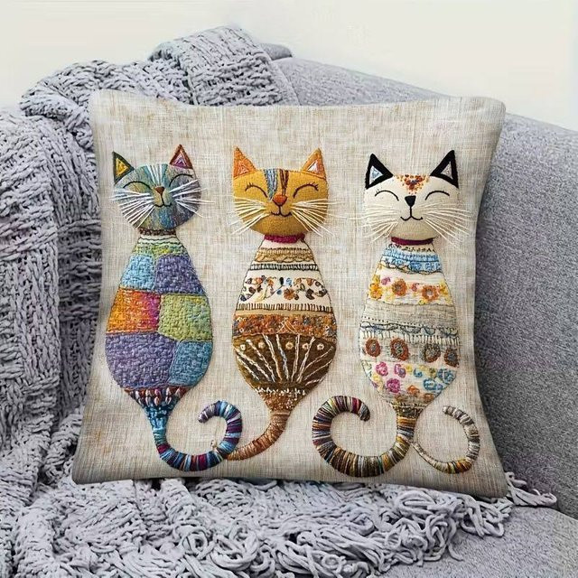 Vikama Kissenbezug mit Cartoon-Katzen-Design aus weichem Kurzplüsch, Mehrfarbig, B/B: 35 x 35 cm - Bild 1