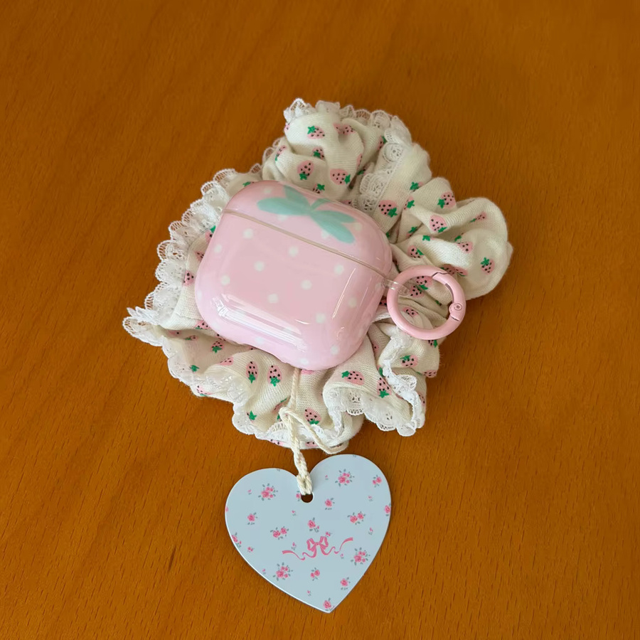 Glänzende AirPods Schutzhülle von Apple mit Rosa Basis und Weißen Polka Dots sowie Erdbeerblatt-Design für AirPods 2 3 4 Pro 2 Pro 3 - Bild 2