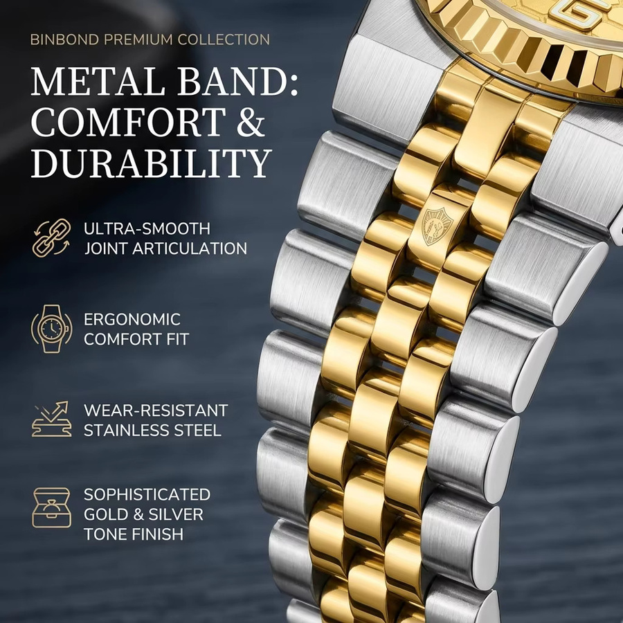 BINBOND Armbanduhr, Quarz, Edelstahl, Gold, Silber, Unisex - Bild 4