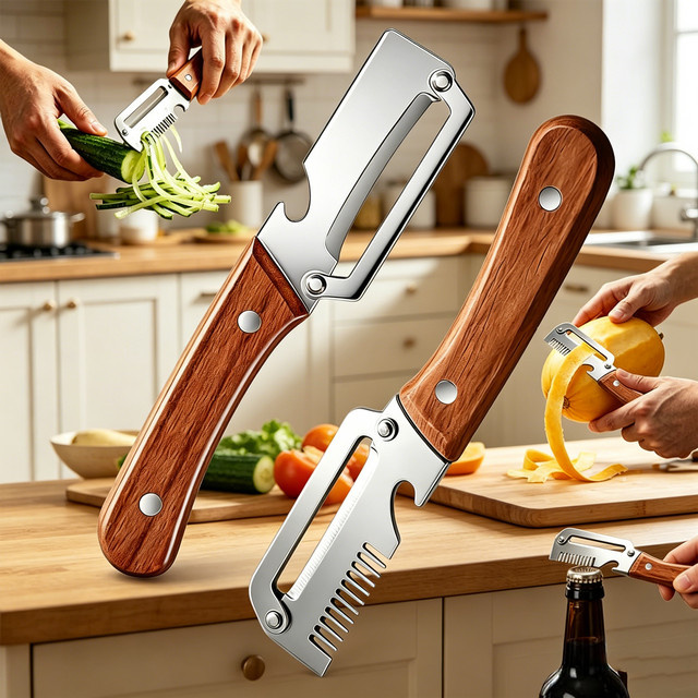 Multifunktionaler Gemüseschäler von LWLYBH aus Edelstahl mit Holzgriff in Silber als Obst- und Kartoffelschneider inklusive Flaschenöffner - Bild 1