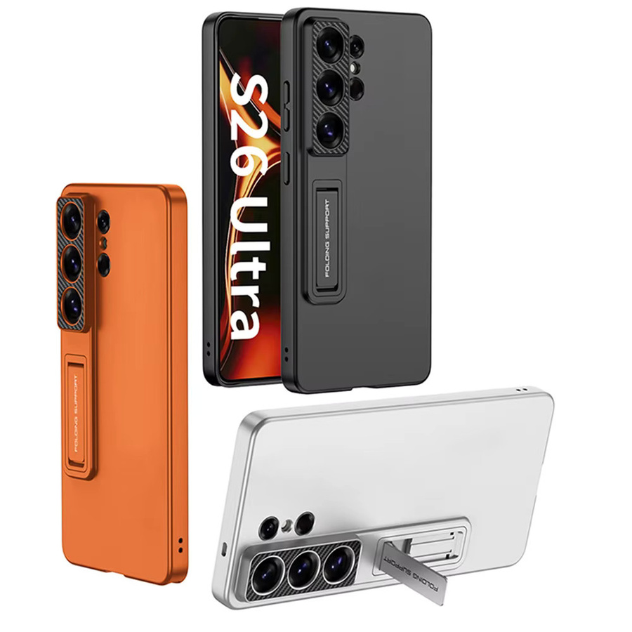 Luxus Unsichtbare Klappständer Schutzhülle für Samsung Galaxy S26 Ultra in Titan Metallic Silver und Orange - Bild 2