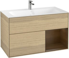 V&B Finion Waschtischunterschrank mit LED-Beleuchtung und offenem Regal in Oak Veneer, B: 99,6 cm, H: 59,1 cm - Bild 1