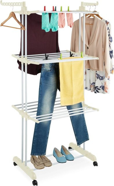 Relaxdays Wäscheständer Turm aus Eisen und Kunststoff in Weiß, rollbar, H: 179 cm, B: 126 cm, T: 63,5 cm - Bild 1