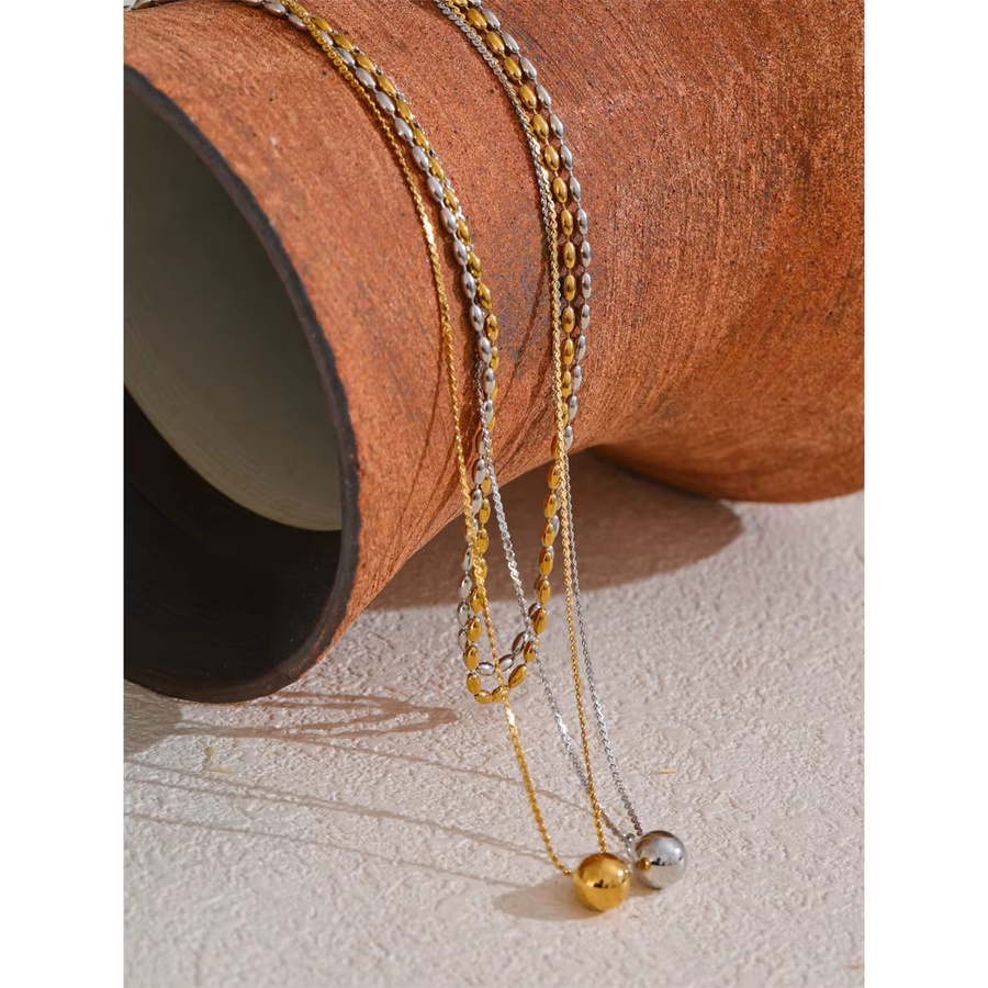 Yhpup Halskette Edelstahl, Doppelschicht, Tropfenperlen, Gold, Unisex - Bild 2