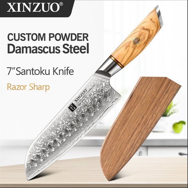 XINZUO Santoku-Messer mit 73 Lagen Damaszener Edelstahl, Pulverstahlkern und Olivenholzgriff, Silber, 17,78 cm - Bild 1