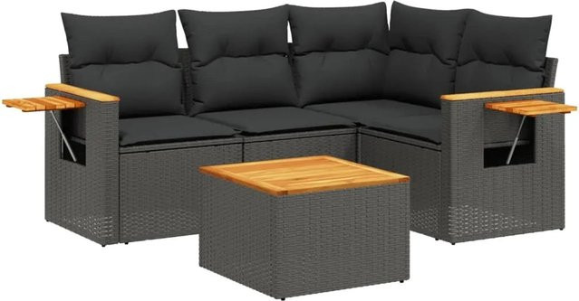 vidaXL 5-teilige Garten-Sofagarnitur aus Poly-Rattan und Akazienholz in Schwarz mit Kissen - Bild 1