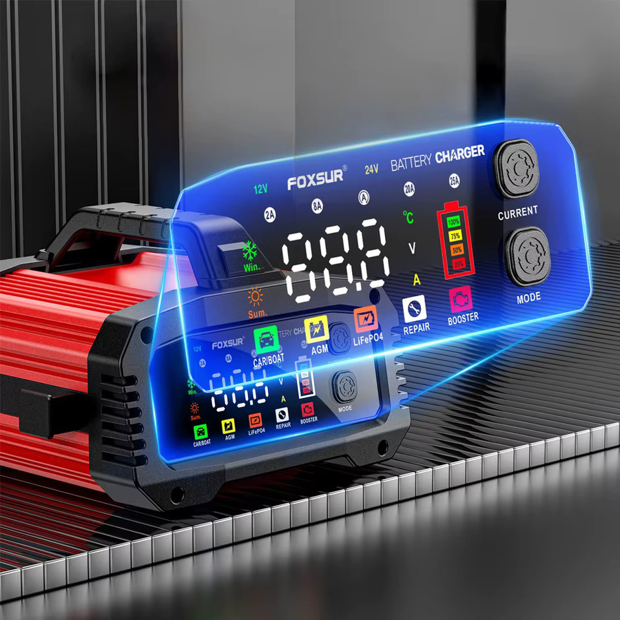 Tragbares Smart Auto Batterie Ladegerät mit Puls Reparatur Funktion für 12V-24V Blei-Säure, AGM, Gel und LiFePO4 Batterien in Rot - Bild 2