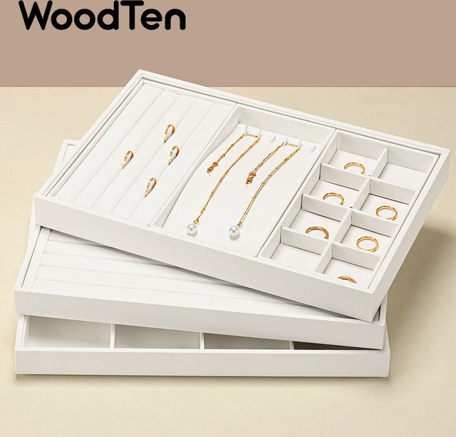 WoodTen Schmuckablage aus weißem Leder als stapelbares Schmuck-Präsentationsset und Schubladenorganizer für Ringe und Ohrringe - Bild 1