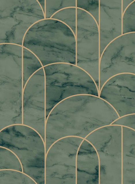 Boråstapeter Wallpaper Arch Art Deco Vlies Tapete in Grün/Gold mit Marmoreffekt und runden Formen - Bild 1