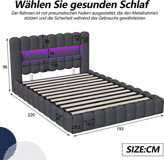Creahappy Polsterbett mit Stauraum und Hydraulikfunktion in Grau, B/T: 180 x 200 cm - Bild 1