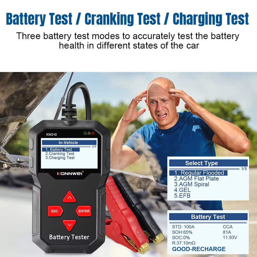 KONNWEI KW210 12V Auto-Batterietester, intelligenter Batterieanalysator für 100 bis 2000CCA Startstrom, Schwarz - Bild 2