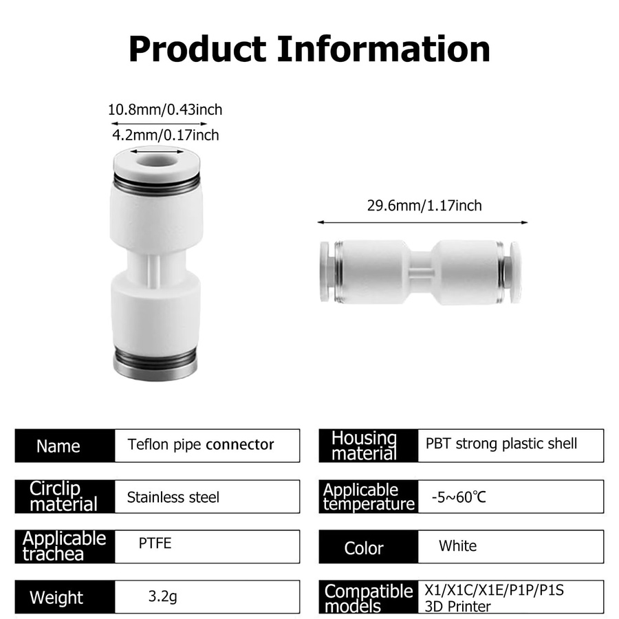 LIXIU PTFE-Rohr Pneumatikverbinder Schnellkupplung für Bambu Lab X1/X1C/P1P/P1S/A1 AMS, Weiß, für 1,75 mm Filament - Bild 2