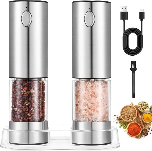 Elektrisches Salz- und Pfeffermühlen-Set aus Edelstahl in Silber, über USB wiederaufladbar mit LED-Licht und einstellbarer Mahlstufe - Bild 1