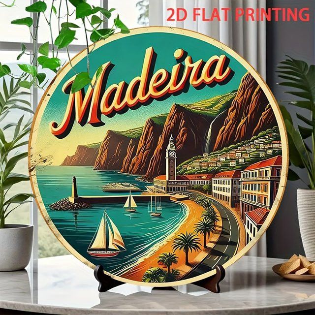Potdemiel Vintage Wanddekoration aus Eisen Madeira Landschaft mit Küstenuhr Turm und Yacht, B/H: 20,07 x 19,8 cm - Bild 1