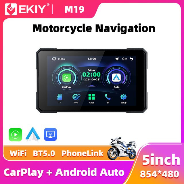 EKIY Wireless CarPlay und Android Auto Motorrad Navigation mit 5,0 Zoll Display und TPMS in Schwarz - Bild 1