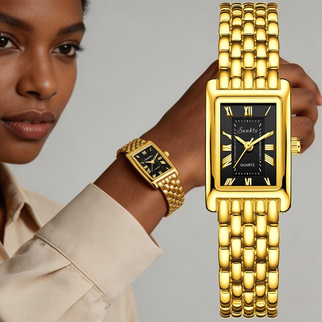SUNKTA Armbanduhr, Quarz, Edelstahl, Gold, Rechteckig, Damen - Bild 1