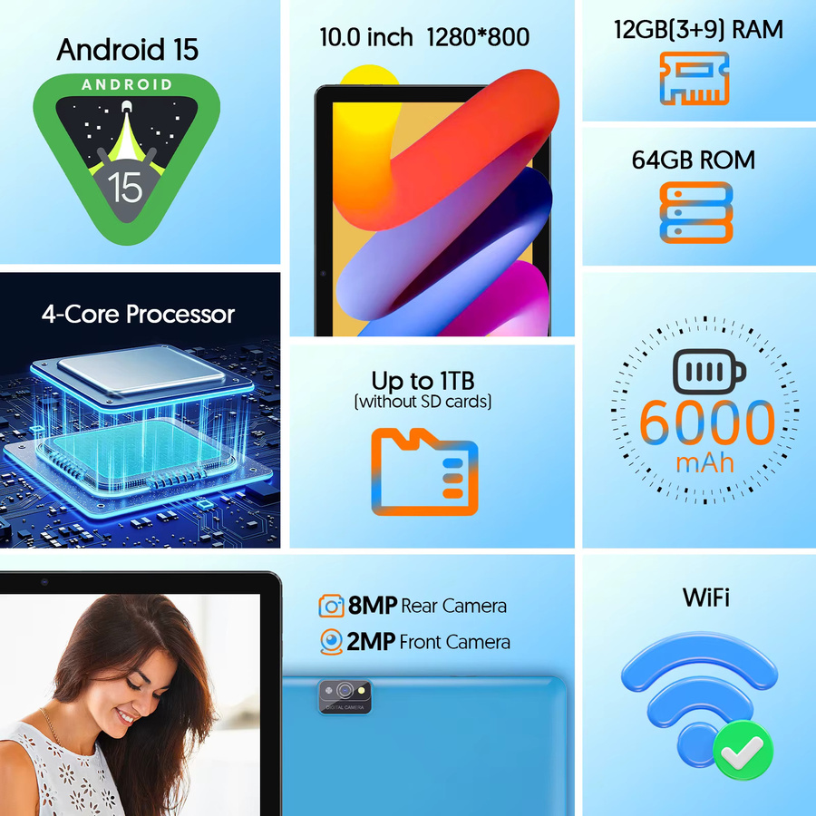 BAKEN Android 15 Tablet in Blau mit 10,0 Zoll Bildschirm, 12GB RAM, 64GB Speicher, Quad-Core-Prozessor, 6000mAh und Dual-Kameras (2MP+8MP) - Bild 6