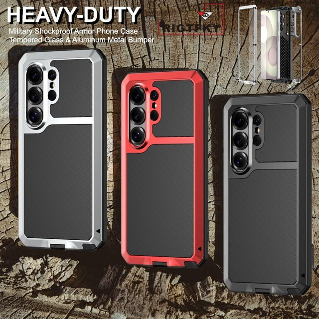 Robuste 360-Grad-Schutzhülle im Militärstil für Samsung S26 Ultra und S26 Plus mit Metallstoßfänger in Schwarz - Bild 1