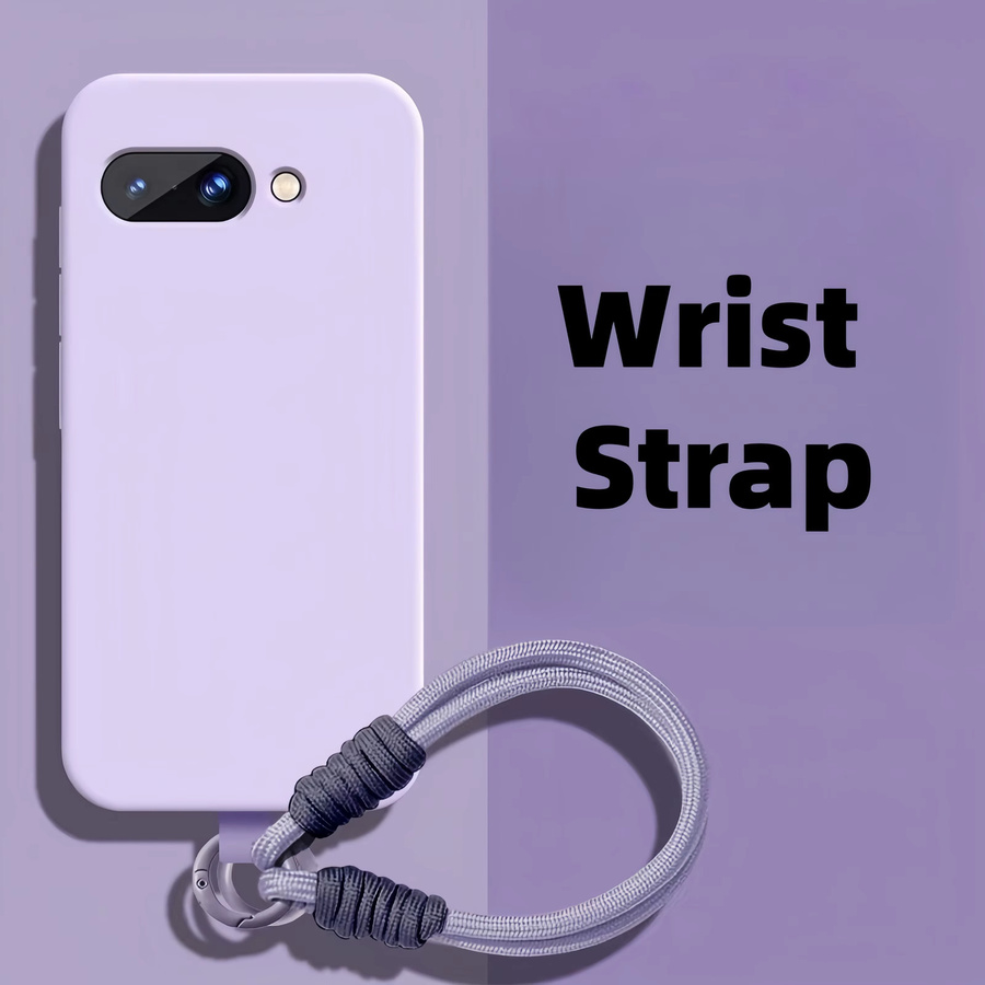 Stoßfeste Flüssigsilikon Schutzhülle mit gewebter Handgelenkschlaufe für Google Pixel 10 9 8 Pro XL 10a 9a 8a in Schwarz und Lila - Bild 1