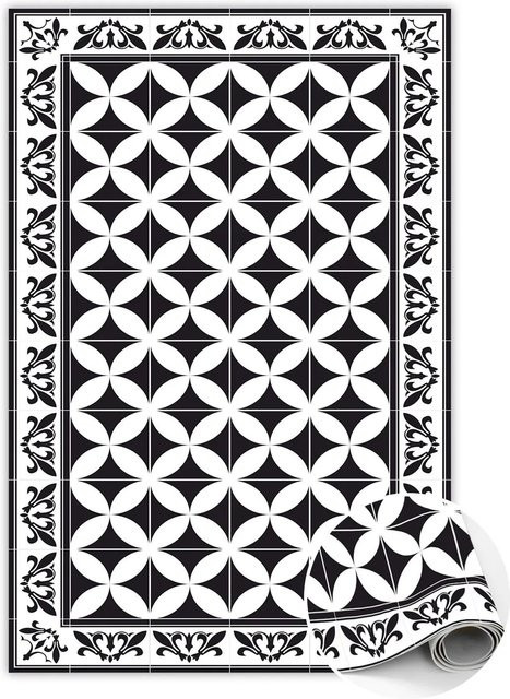 Tulup Teppich Spanische Fliesen Design in Schwarzweiß, Rechteckiger Vinyl Teppich mit Mosaik-Optik, B: 150 cm, T: 225 cm - Bild 1