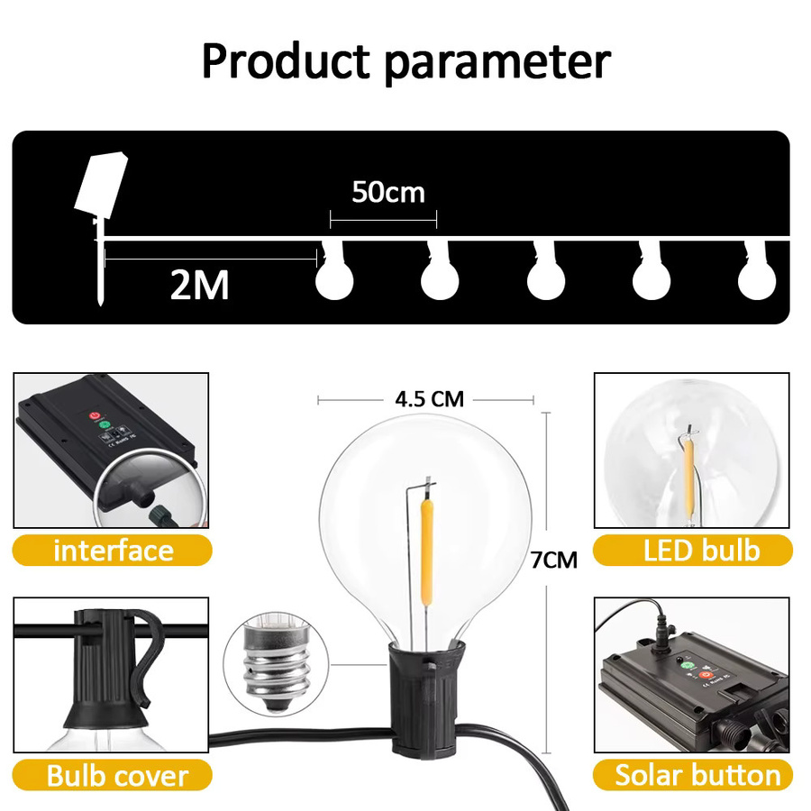 Solar-Lichterkette für den Außenbereich mit 30 LED G40 Kugelleuchten aus Glas, 12 m Länge, wasserdicht und solar- sowie USB-betrieben, transparent - Bild 4