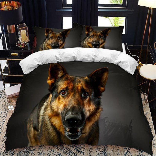 3-teiliges Bettwäsche-Set mit Deutscher Schäferhund Motiv, 3D-Bettbezug und Kissenbezüge aus Mikrofaser, Schwarz, Breite: 155 cm, Höhe: 215 cm - Bild 1