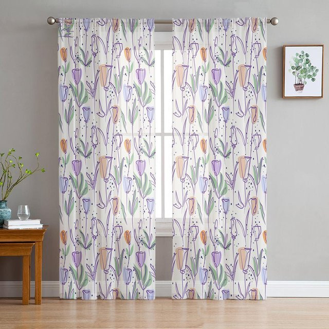 Super Six Transparenter Voile Vorhang mit Tulpen-Blumenmuster in Weiß, Breite: 135 cm, Höhe: 114 cm - Bild 1
