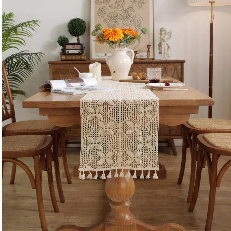 WTEMPO Tischläufer aus Polyester in Beige mit Quasten und Spitze, B/H: 30 x 260 cm - Bild 2