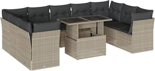vidaXL 10-tlg. Garten-Sofagarnitur aus Polyrattan in Hellgrau mit Kissen und Gartentisch - Bild 1