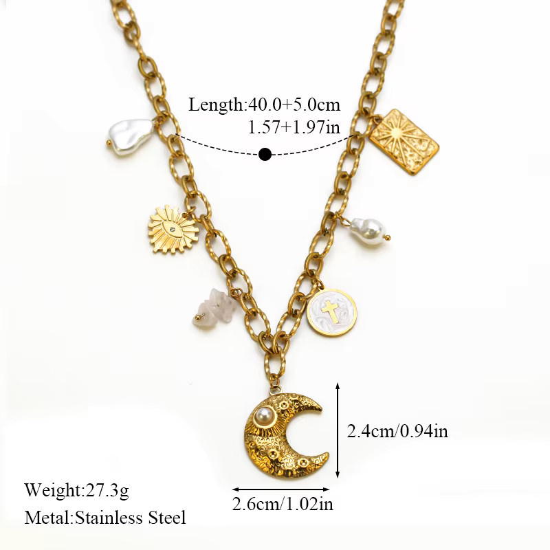 EILIECK Halskette Edelstahl, Gold, Perle, Mond, Damen - Bild 2